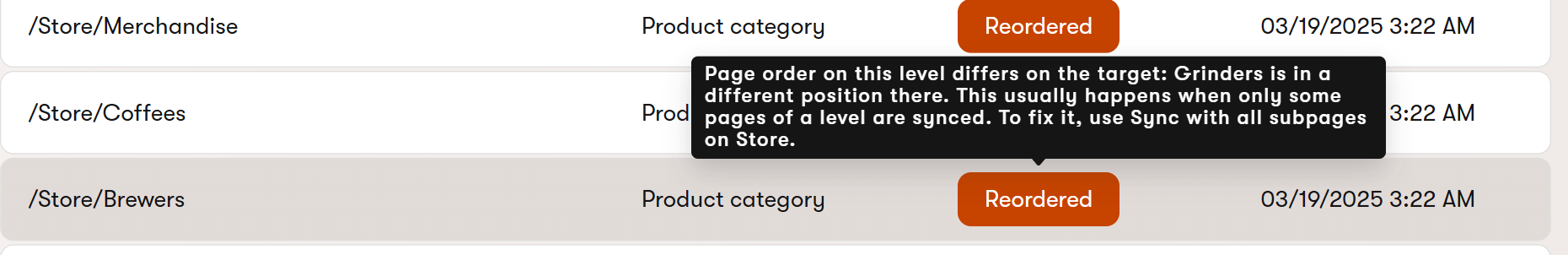 Tooltip on a Reordered tag naming the page out of place and the level to sync