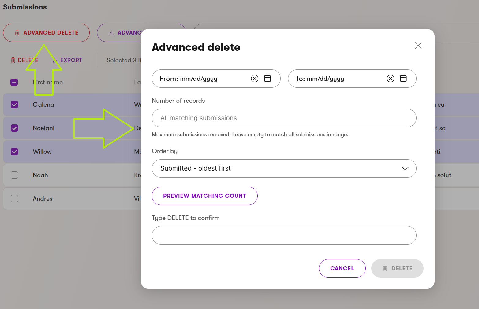 Advanced delete dialog with date range, record limit, and confirmation phrase