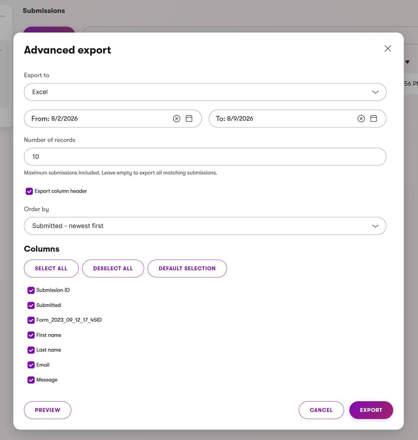 Advanced Export window