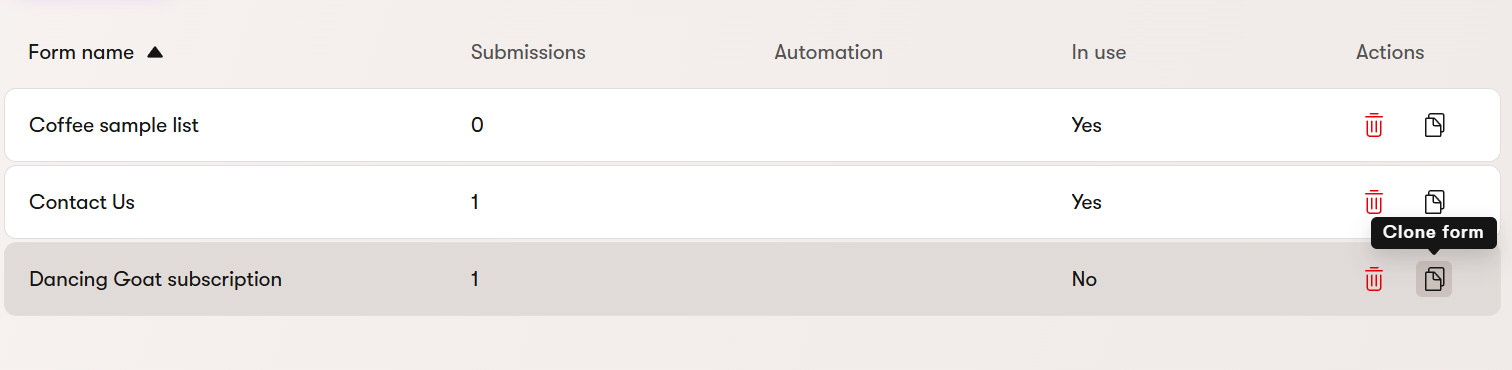 Clone form action on the Forms listing (placeholder)