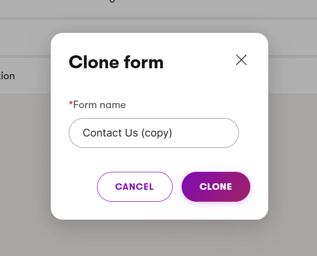 Clone form dialog with prefilled form name (placeholder)