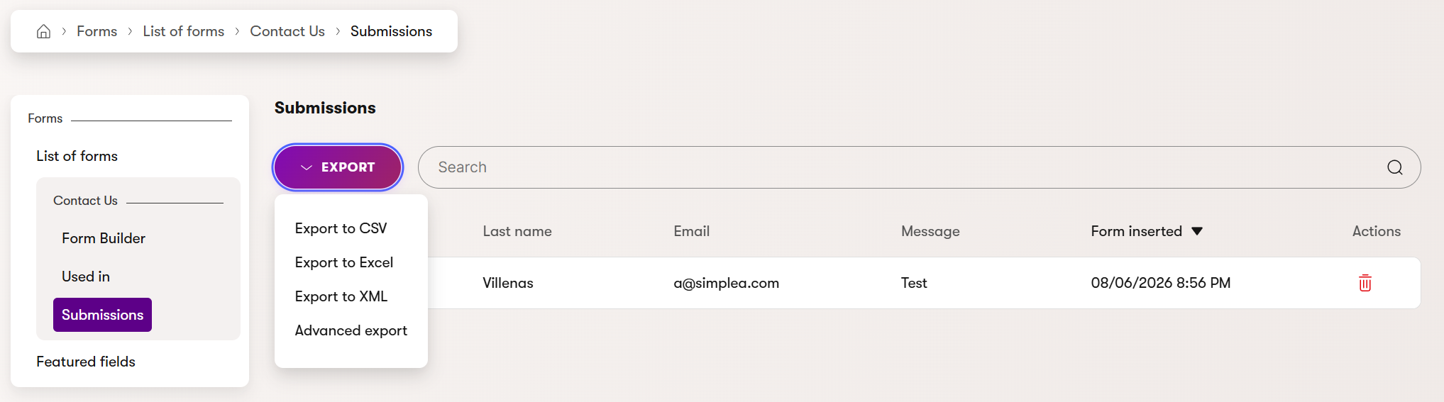 Export button and available export options