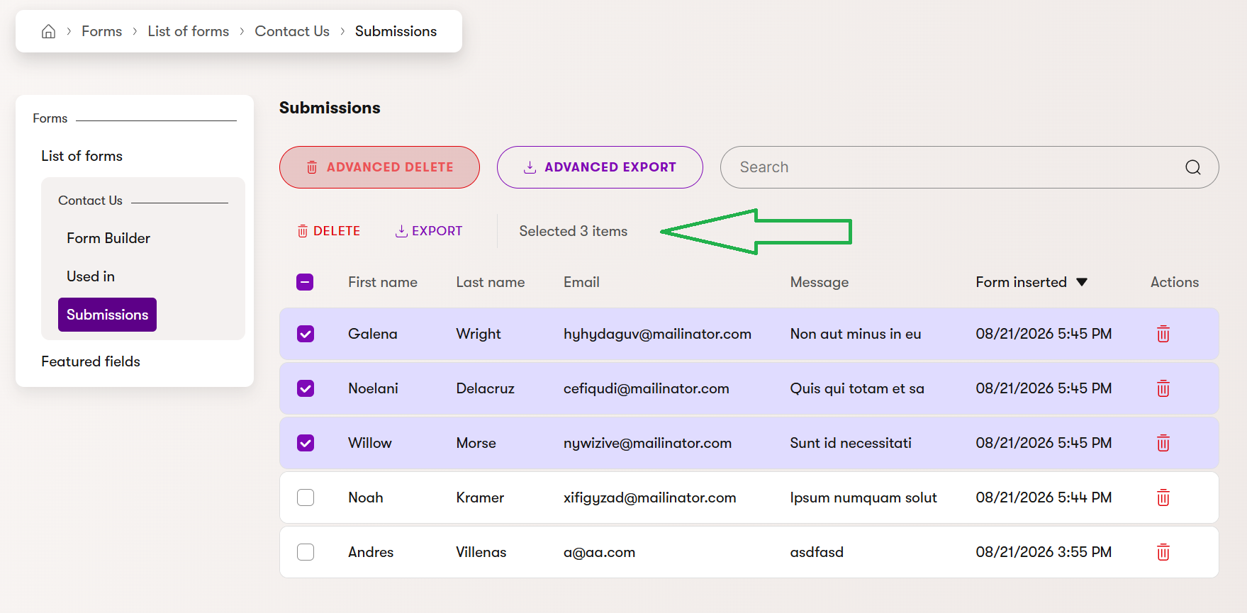 Delete and Export actions in the mass-action toolbar after selecting rows